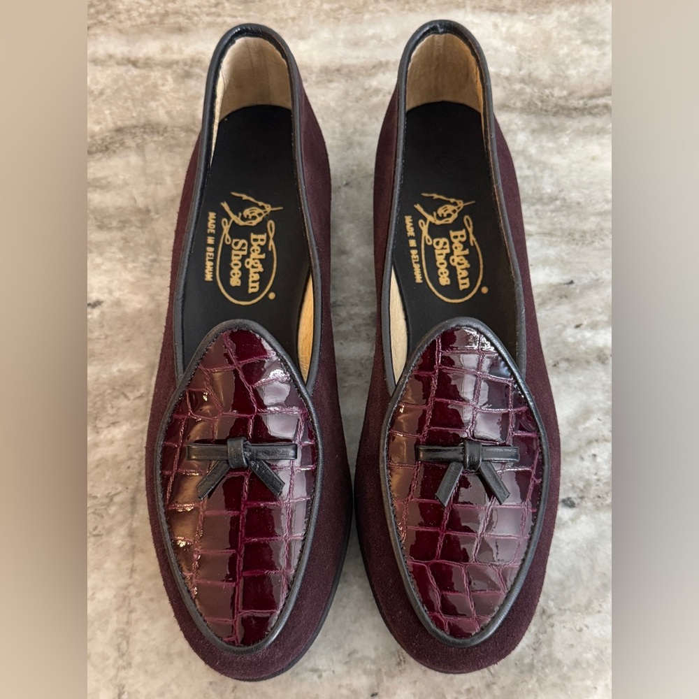 Belgian Shoes Travelette Slippers Maroon Crocodile Print & Suede Loafers 5 Flats
